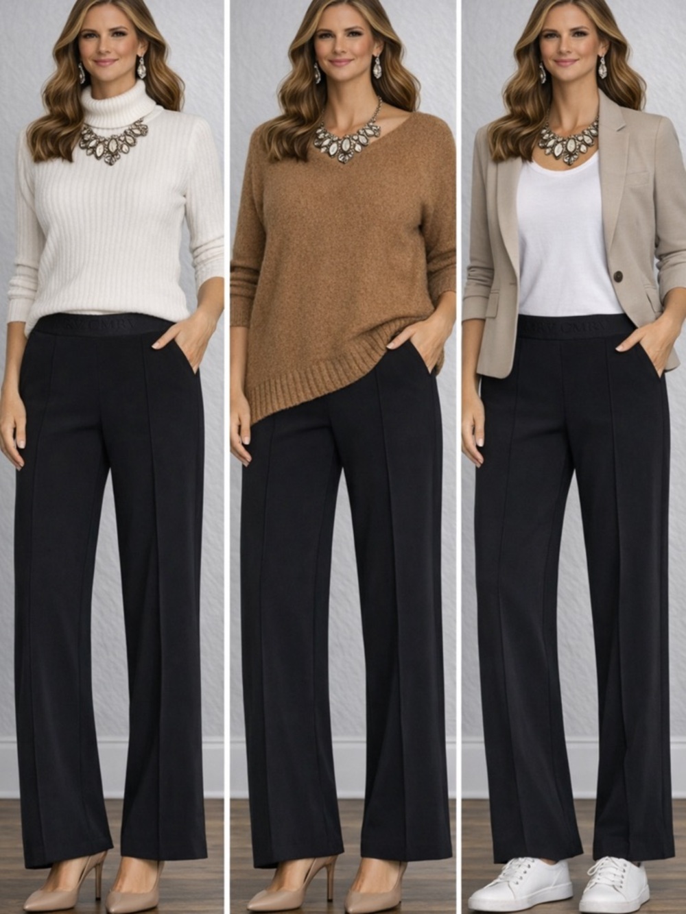 Cambio Wide-Leg Pull-On Pants with Logo Waistband - Black